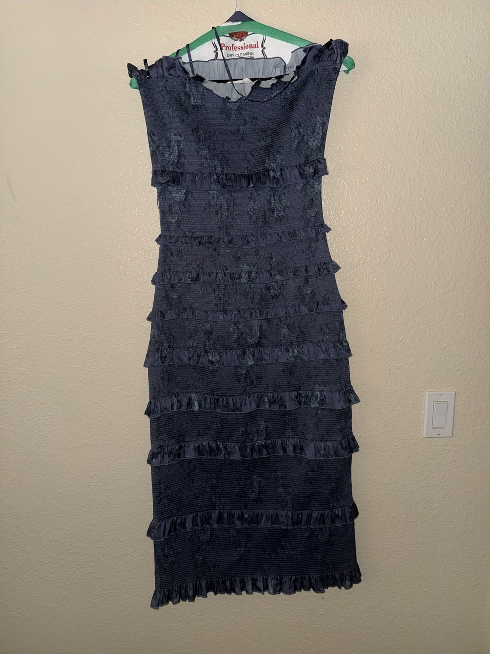 V Chapman Lily Ruched & Ruffled stretch satin midi dress Navy Blue